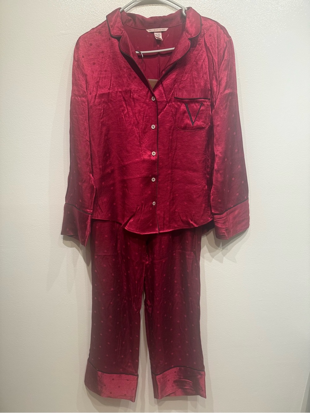 Victoria's Secret  pink Satin Pajama Set with Black Trim